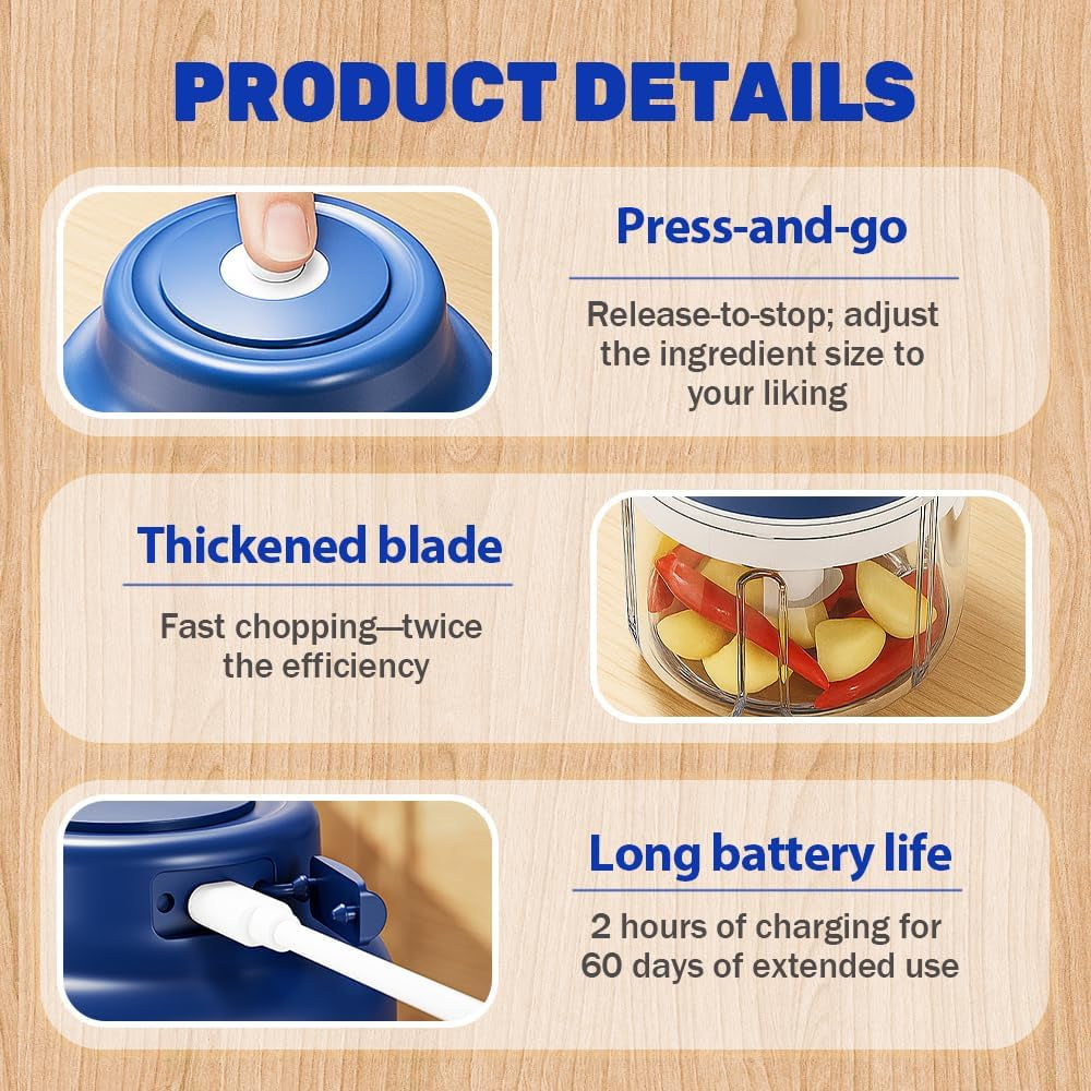 Electric Garlic Chopper with USB Rechargeable Design, Portable Food Processor for Garlic, Onion, Chili, Nuts, Vegetables, One-Touch Mini Kitchen Helper (Blue, 250Ml)
