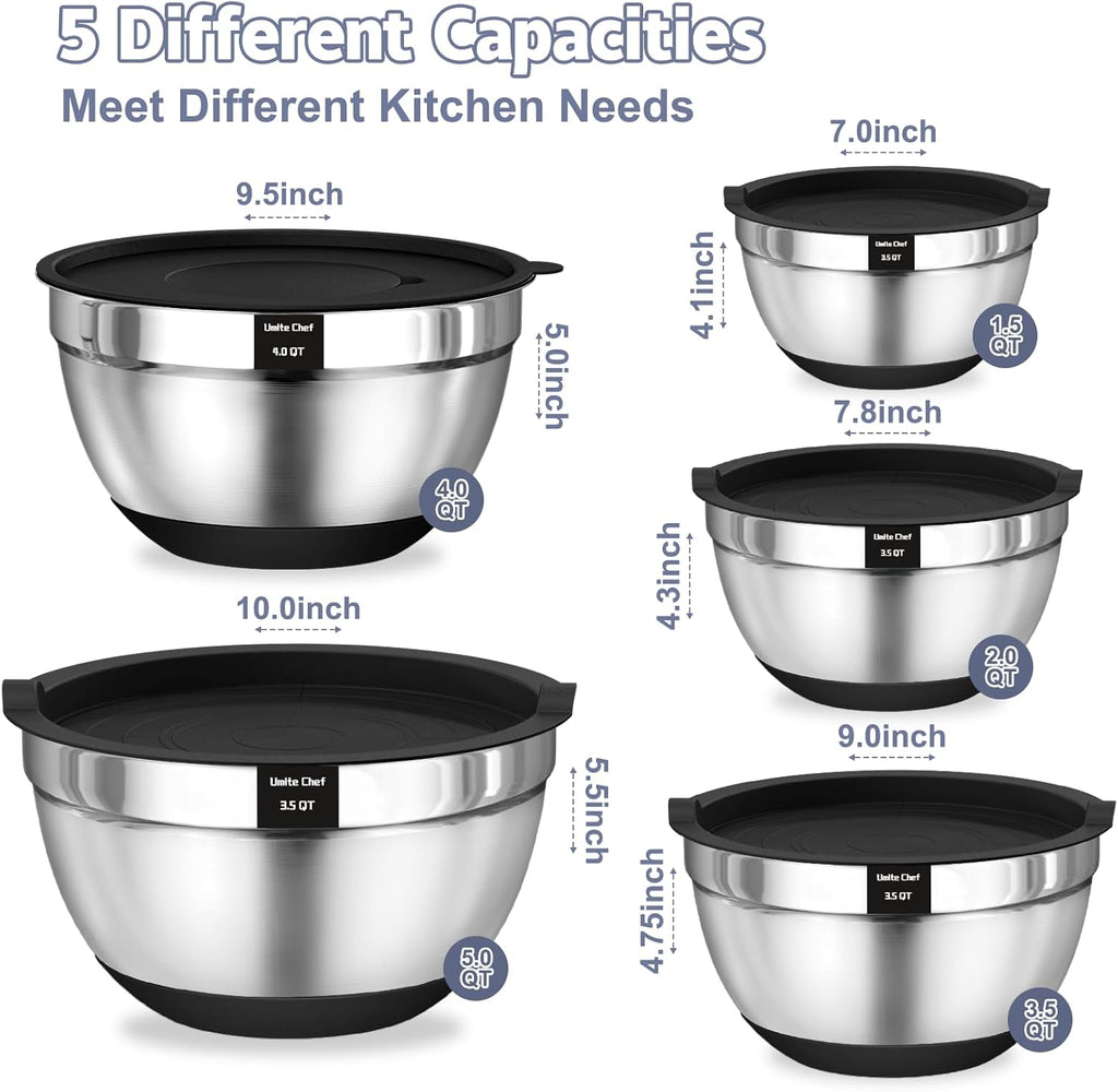 Mixing Bowls with Airtight Lids, 8PCS Stainless Steel Nesting Mixing Bowls Set, 3 Grater Attachments & Non-Slip Bottoms, Black Kitchen Bowls, Size 5, 4, 3.5, 2, 1.5QT for Baking & Serving
