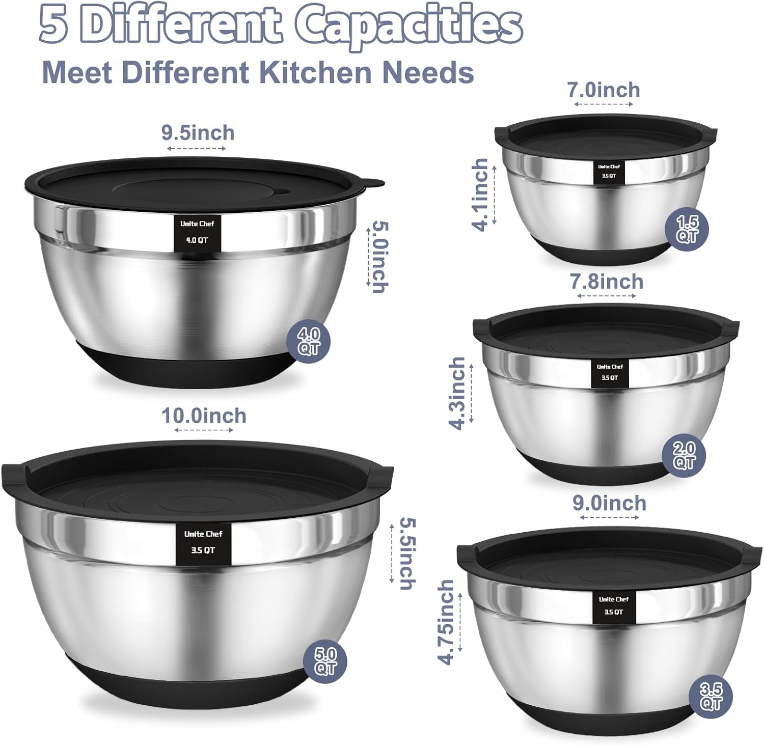 Mixing Bowls with Airtight Lids, 8PCS Stainless Steel Nesting Mixing Bowls Set, 3 Grater Attachments & Non-Slip Bottoms, Black Kitchen Bowls, Size 5, 4, 3.5, 2, 1.5QT for Baking & Serving