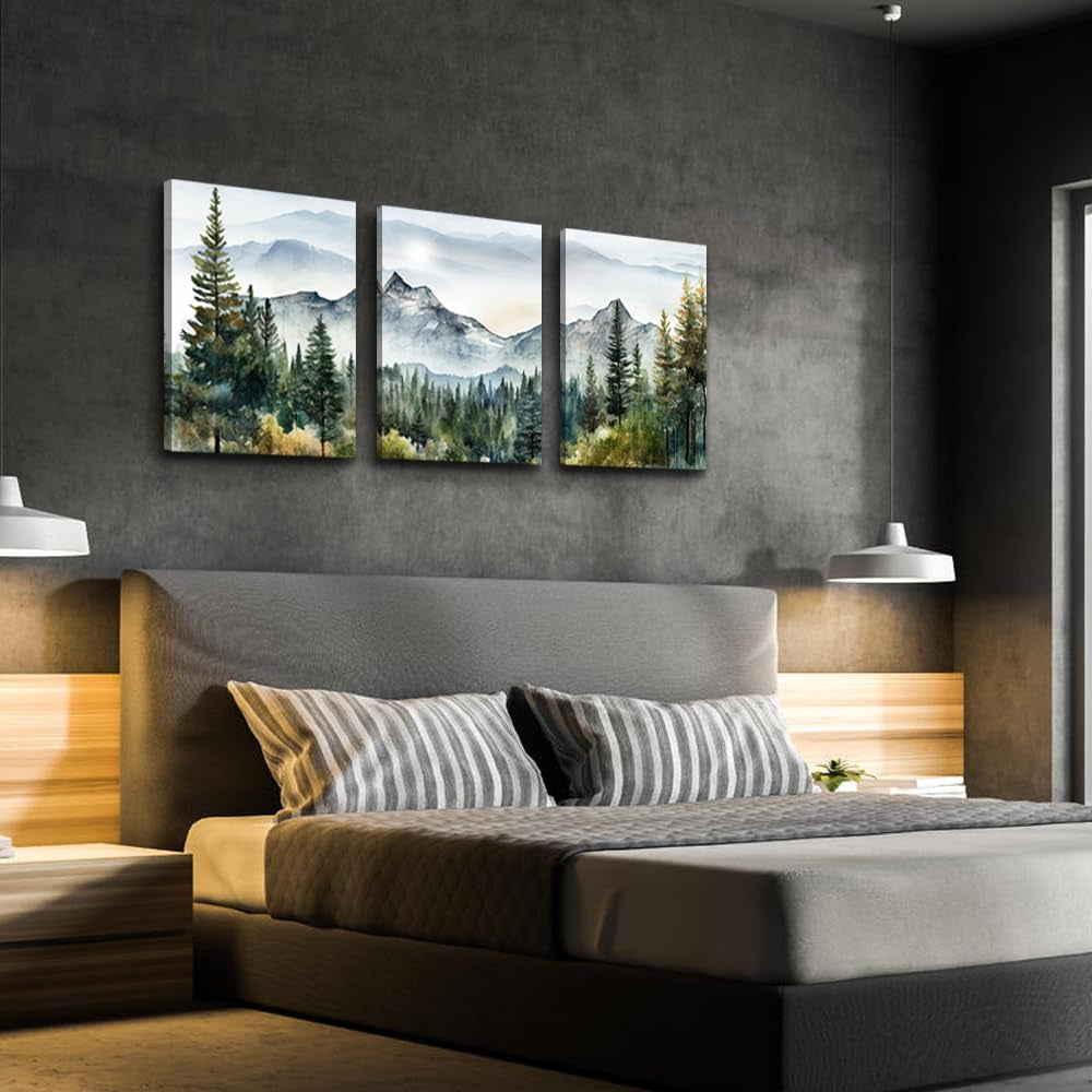Wall Art for Living Room Modern Wall Decor for Bedroom Office Decor Abstract Mountain Forest Landscapes Ink Painting 3 Piece Framed Canvas Art Prints Ready to Hang Wall Pictures Home Decor