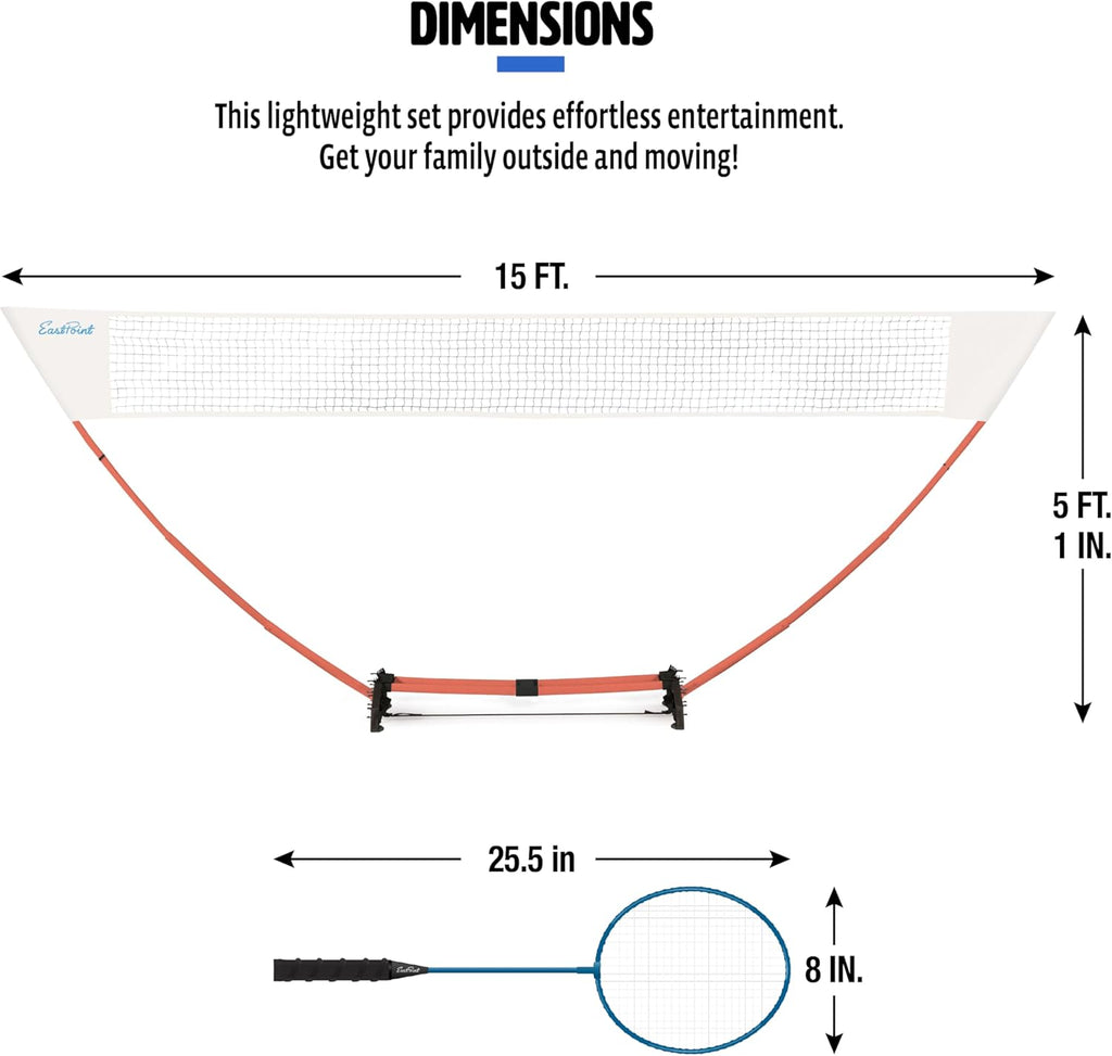 Easy Setup Badminton Set - 15 Ft Net, 4 Rackets, 2 Shuttlecocks - Quick Setup Net for Backyard Games - Steel Shaft Badminton Rackets for Family Games - Durable Shuttlecocks for Outdoors