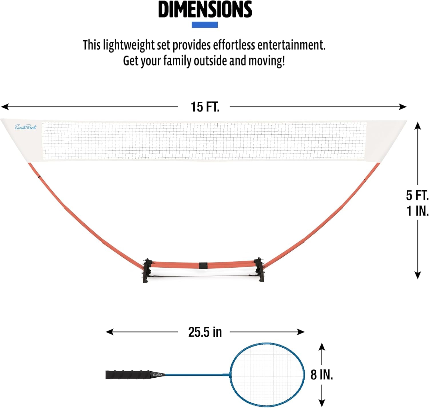 Easy Setup Badminton Set - 15 Ft Net, 4 Rackets, 2 Shuttlecocks - Quick Setup Net for Backyard Games - Steel Shaft Badminton Rackets for Family Games - Durable Shuttlecocks for Outdoors