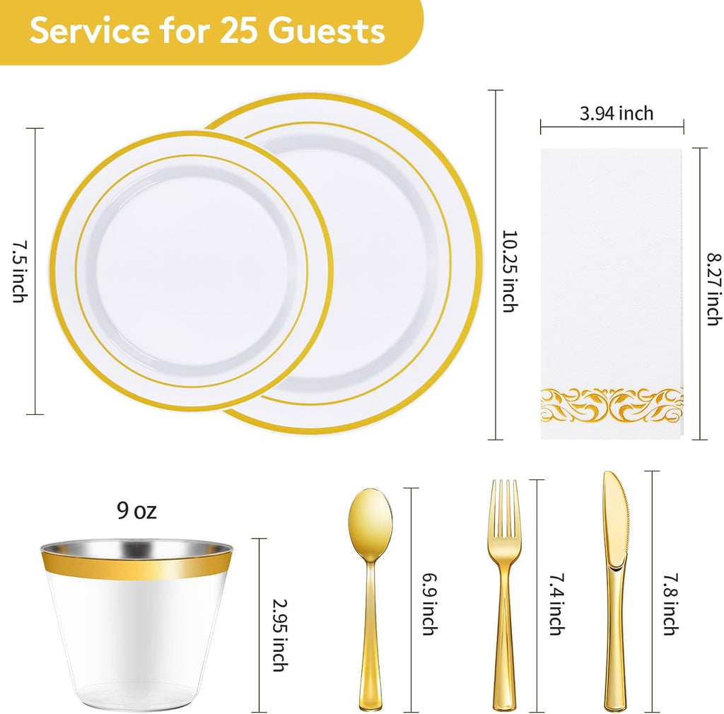175 Pieces Gold Dinnerware Set for 25 Guests, Plastic Plates Disposable for Party, Include: 25 Dinner Plates, 25 Dessert Plates, 25 Paper Napkins, 25 Cups, 25 Gold Silverware Set