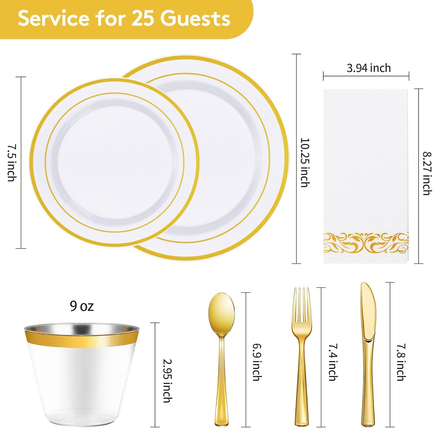 175 Pieces Gold Dinnerware Set for 25 Guests, Plastic Plates Disposable for Party, Include: 25 Dinner Plates, 25 Dessert Plates, 25 Paper Napkins, 25 Cups, 25 Gold Silverware Set