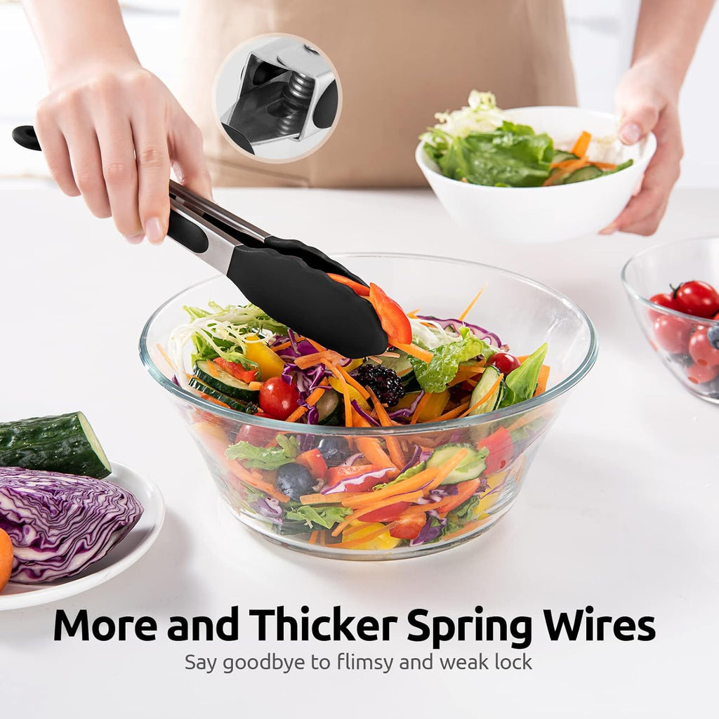 600ºf Heat Resistant Kitchen Tongs:  9 Inch Silicone Cooking Tong with Firm Sealed Non Stick Rubber Tips & Silicon Coated 18/8 Stainless Steel Handle & Smooth Locking for Serving Salad (Black)