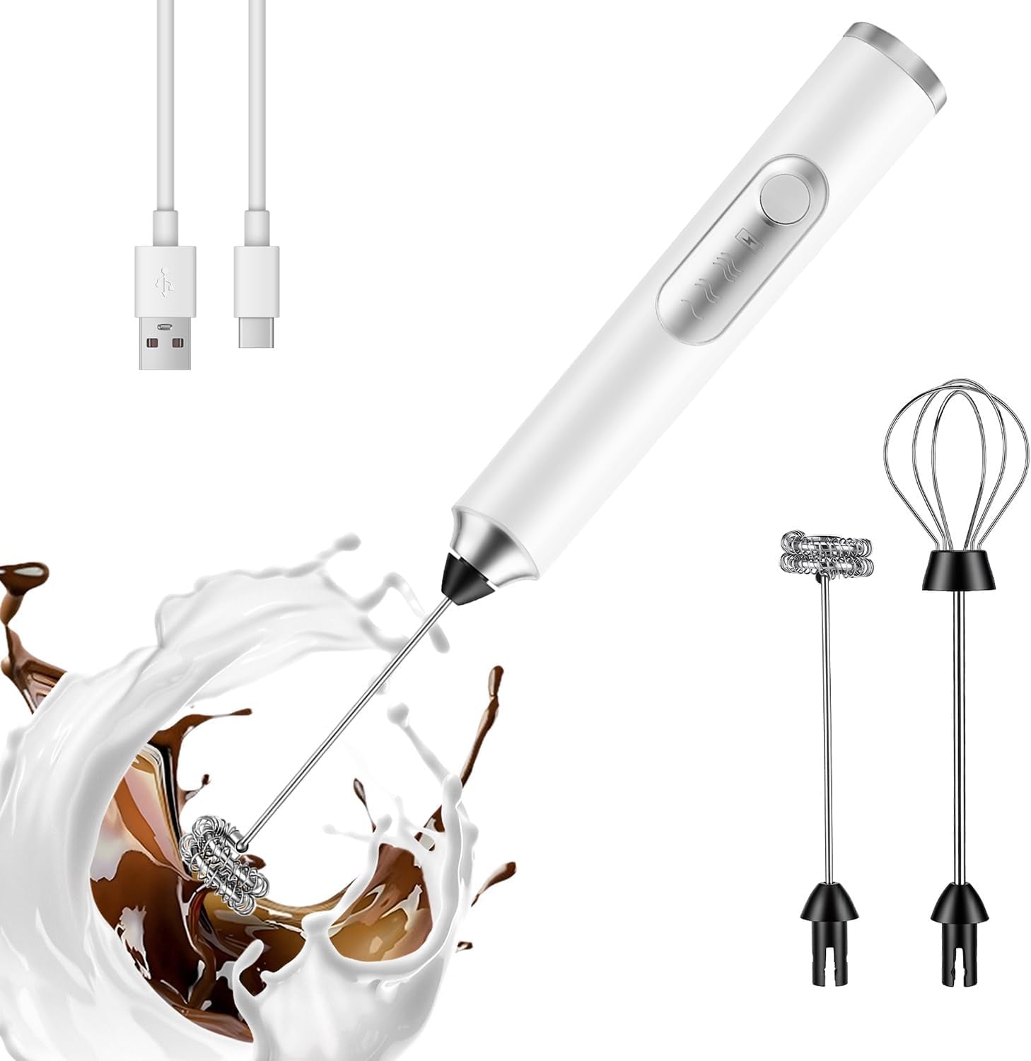 Milk Frother Handheld Rechargeable 2000Mah Power Frother Wand Electric Foam Maker with 2 Stainless Whisks 3 Speeds Drink Mixer Coffee Frother for Latte, Cappuccino, Matcha, Hot Chocolate, Egg