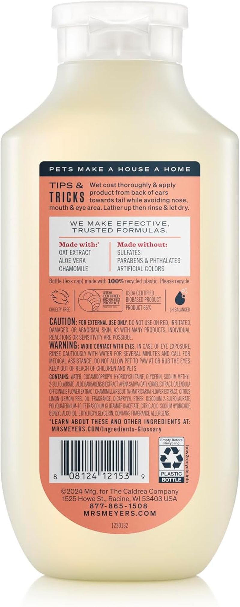 MRS. MEYER'S Clean Day 3 in 1 Dog Shampoo, White Peach Scent, 14Oz