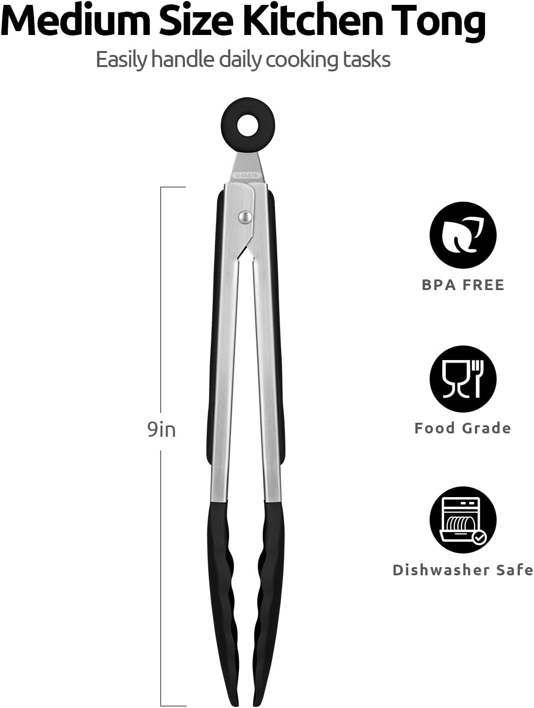 600ºf Heat Resistant Kitchen Tongs:  9 Inch Silicone Cooking Tong with Firm Sealed Non Stick Rubber Tips & Silicon Coated 18/8 Stainless Steel Handle & Smooth Locking for Serving Salad (Black)
