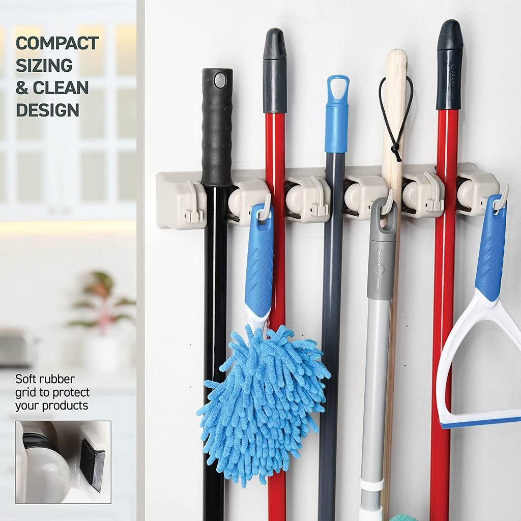 Mop and Broom Holder Wall Mount - Garage Storage Systems with 5 Slots, 6 Hooks, 7.5Lbs Capacity per Slot - Garden Tool Organizer for Home, Kitchen, Closet, Garage, Laundry Room - Off-White