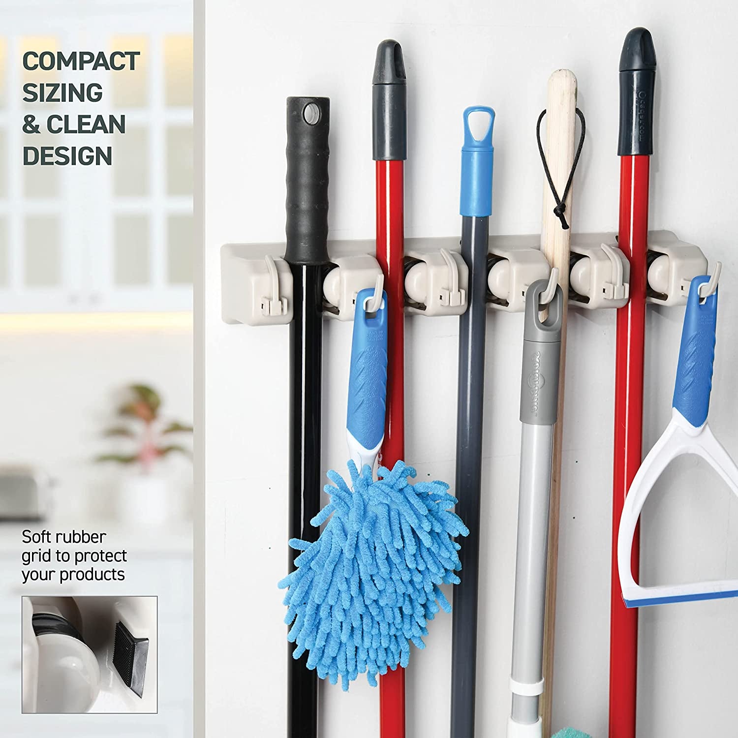 Mop and Broom Holder Wall Mount - Garage Storage Systems with 5 Slots, 6 Hooks, 7.5Lbs Capacity per Slot - Garden Tool Organizer for Home, Kitchen, Closet, Garage, Laundry Room - Off-White