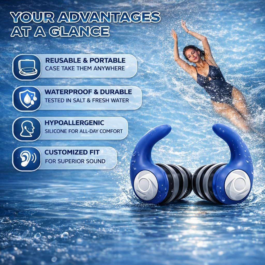 Waterproof Swimming Ear Plugs for Adults - 3 Pairs of Reusable Soft Silicone Swim Earplugs,Perfect for Surfing, Diving,Pool,Showering and Other Water Sports - Keep Water Out and Ear Protection