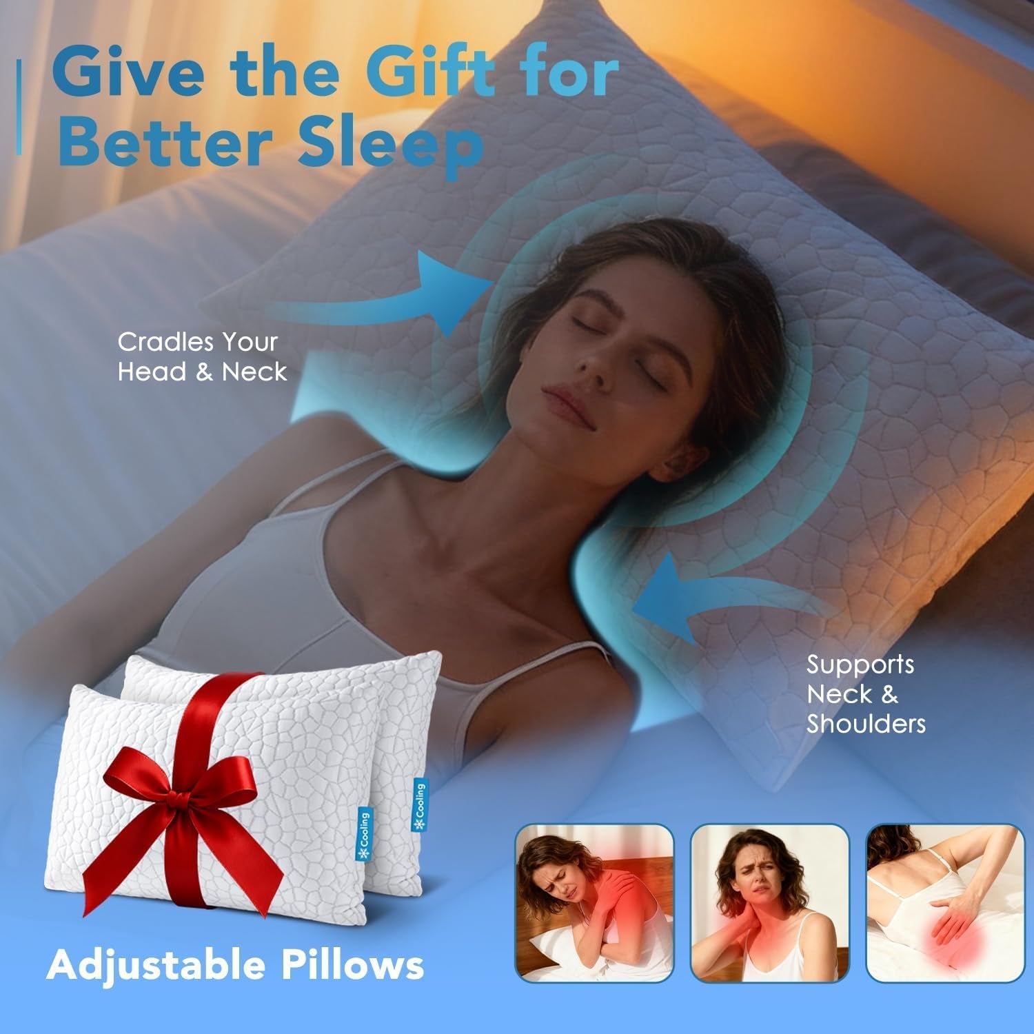Cooling Pillow for Sleeping, Certipur-Us Shredded Memory Foam Queen Pillows Set of 2, Cool Pillow for Hot Sleepers Adjustable Firm Pillow for Side, Back, Stomach Sleepers Soft yet Support,White
