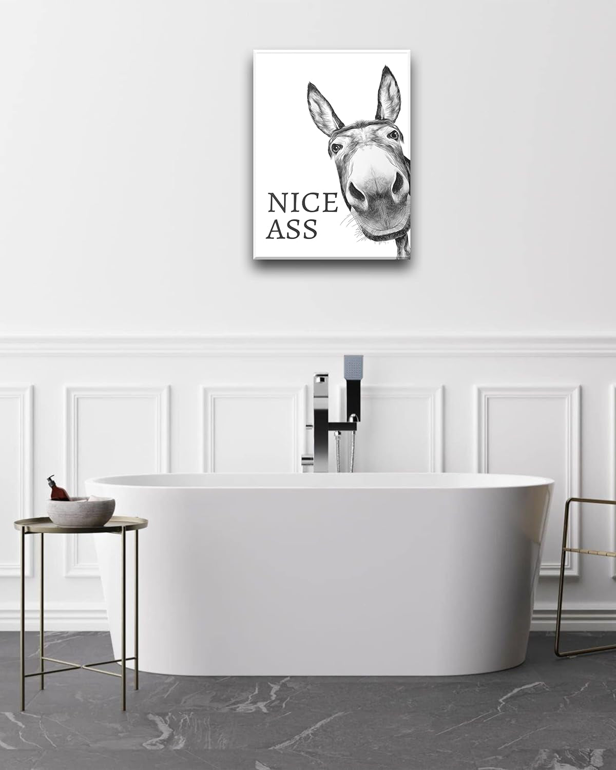 Funny Bathroom Wall Art Decor, Black and White Donkey Wall Art, Waterproof Wood Framed Canvas Wall Art Animals Abstract Prints, 12X16In High-End Pictures for Dormitory Kids Room 1 Pack