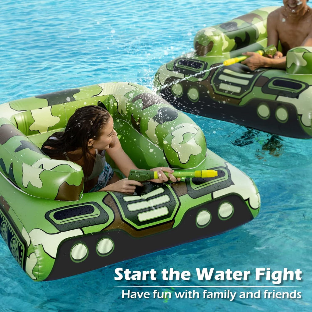 Inflatable Tank Swimming Pool Floaties with Water Cannon Gun Swim Floaty Rafts for Lake, Beach & Pool Party Toys for Boys, Girls, Kids & Adults- Green