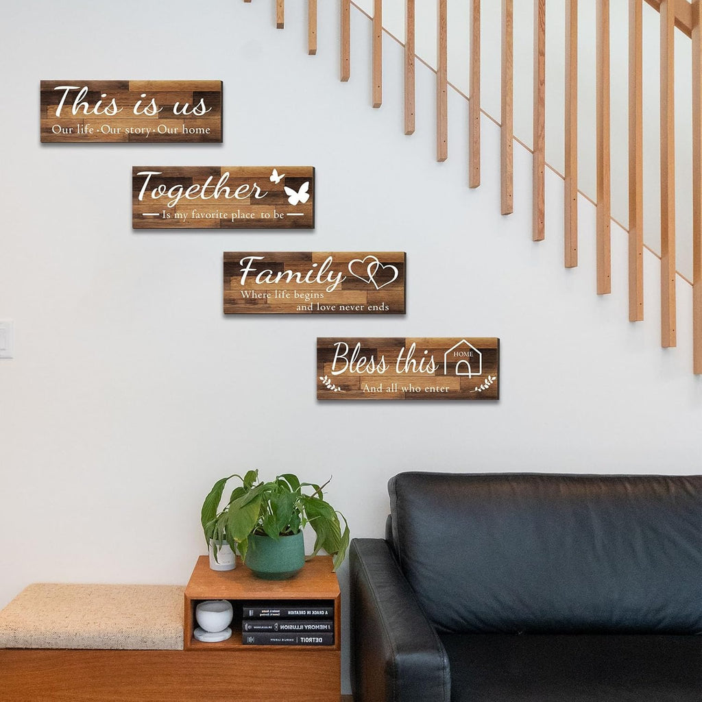 4 Pieces Home Wall Signs, THIS IS US/TOGETHER/BLESS THIS HOME/FAMILY Wall Decor for Living Room Bedroom, Rustic Wooden Farmhouse Wall Art , 4.7 X 13.8 Inch(Brown)