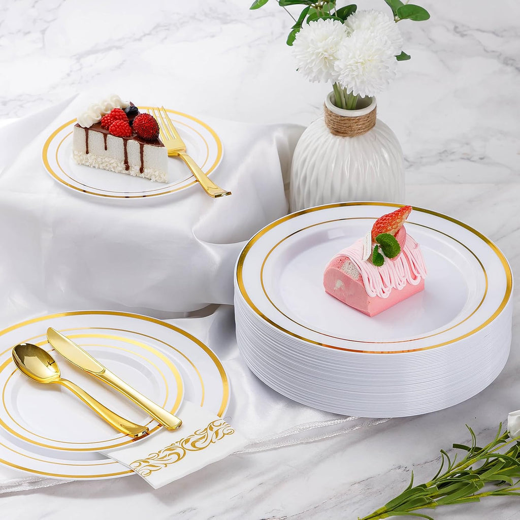 175 Pieces Gold Dinnerware Set for 25 Guests, Plastic Plates Disposable for Party, Include: 25 Dinner Plates, 25 Dessert Plates, 25 Paper Napkins, 25 Cups, 25 Gold Silverware Set