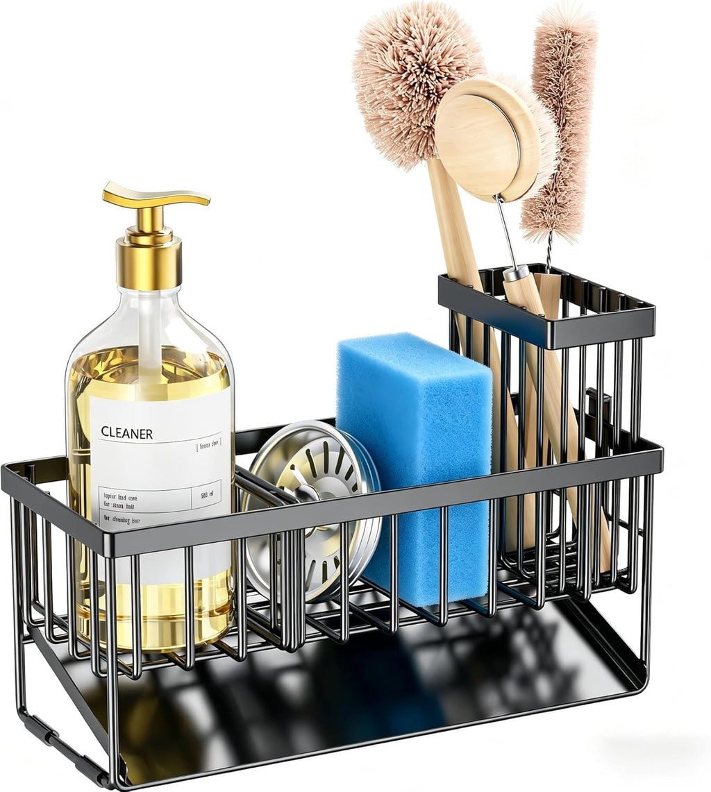 Sink Caddy Sponge Holder for Kitchen with Brush Holder and Stainless Steel Self Drain Tray, Rustproof Kitchen Sink Organizer for Sponge, Soap Dispenser Storage Accessories