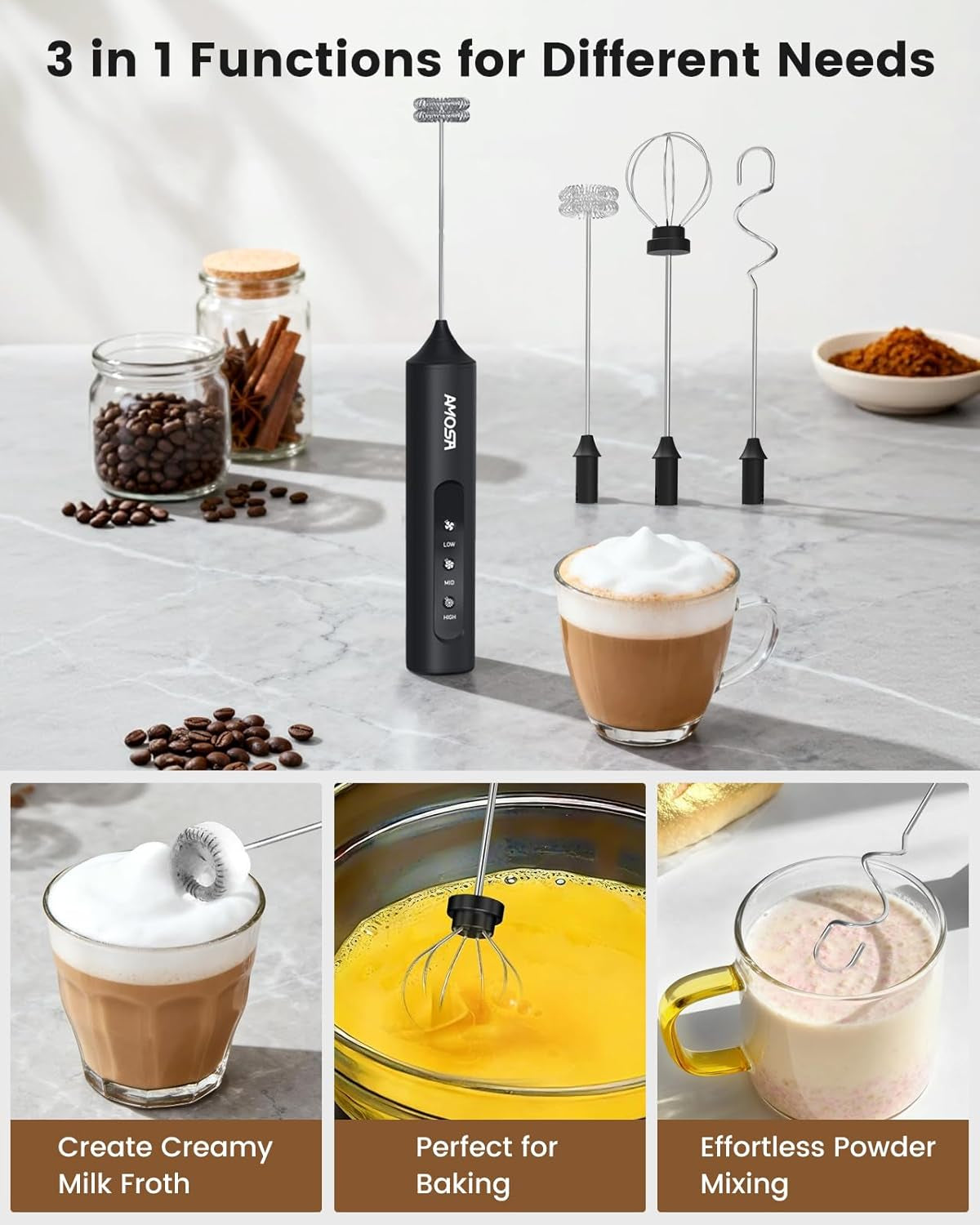 Milk Frother Handheld with Stand, Rechargeable Frother with 3 Speeds & 3 Heads, Travel Frother with Case, Coffee Mixer for Latte, Milk, Cream, Egg, Coffee, Cappuccino
