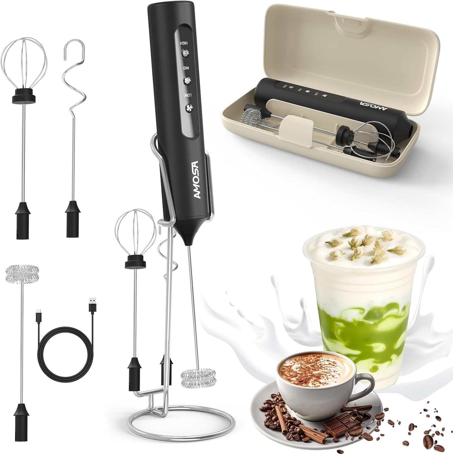 Milk Frother Handheld with Stand, Rechargeable Frother with 3 Speeds & 3 Heads, Travel Frother with Case, Coffee Mixer for Latte, Milk, Cream, Egg, Coffee, Cappuccino