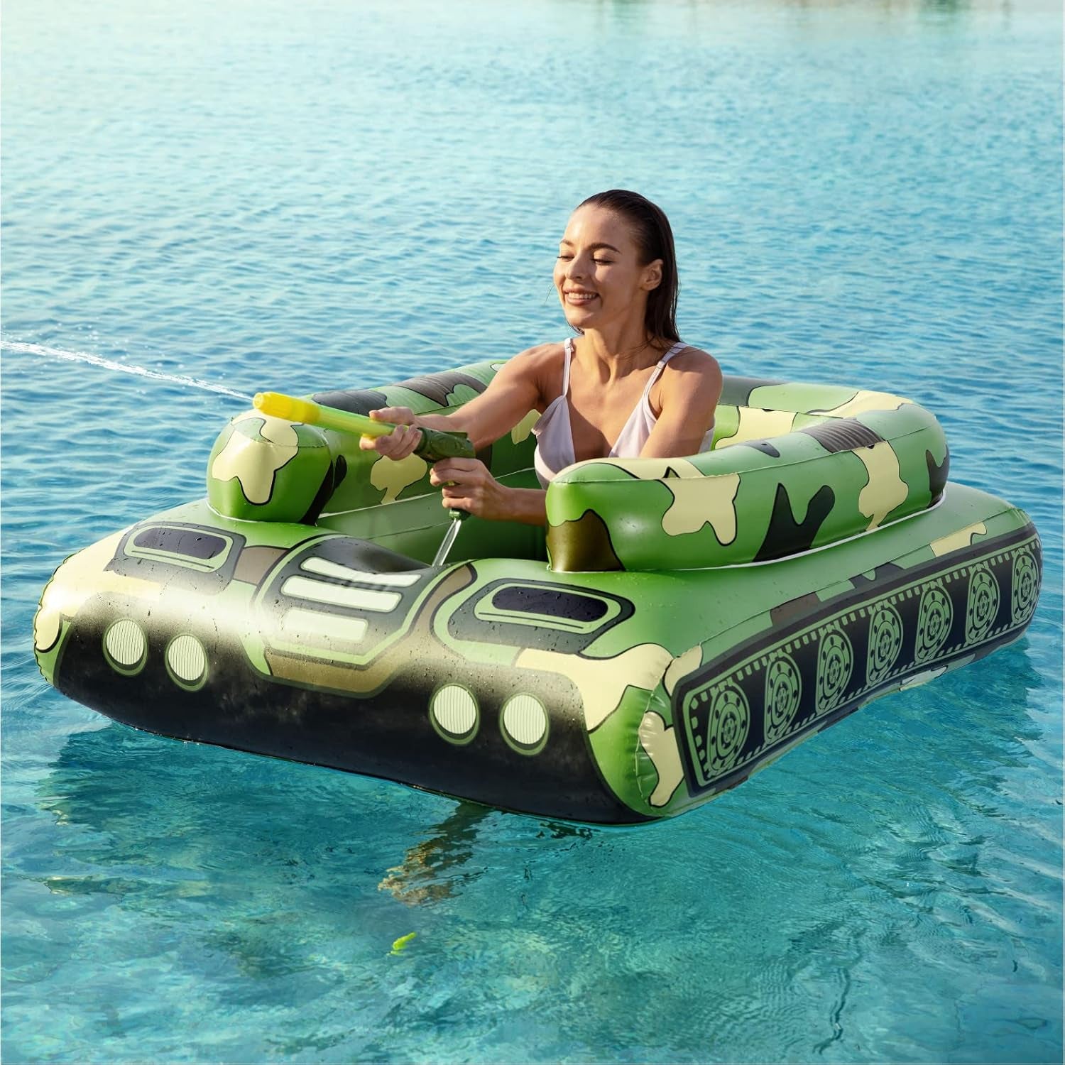 Inflatable Tank Swimming Pool Floaties with Water Cannon Gun Swim Floaty Rafts for Lake, Beach & Pool Party Toys for Boys, Girls, Kids & Adults- Green