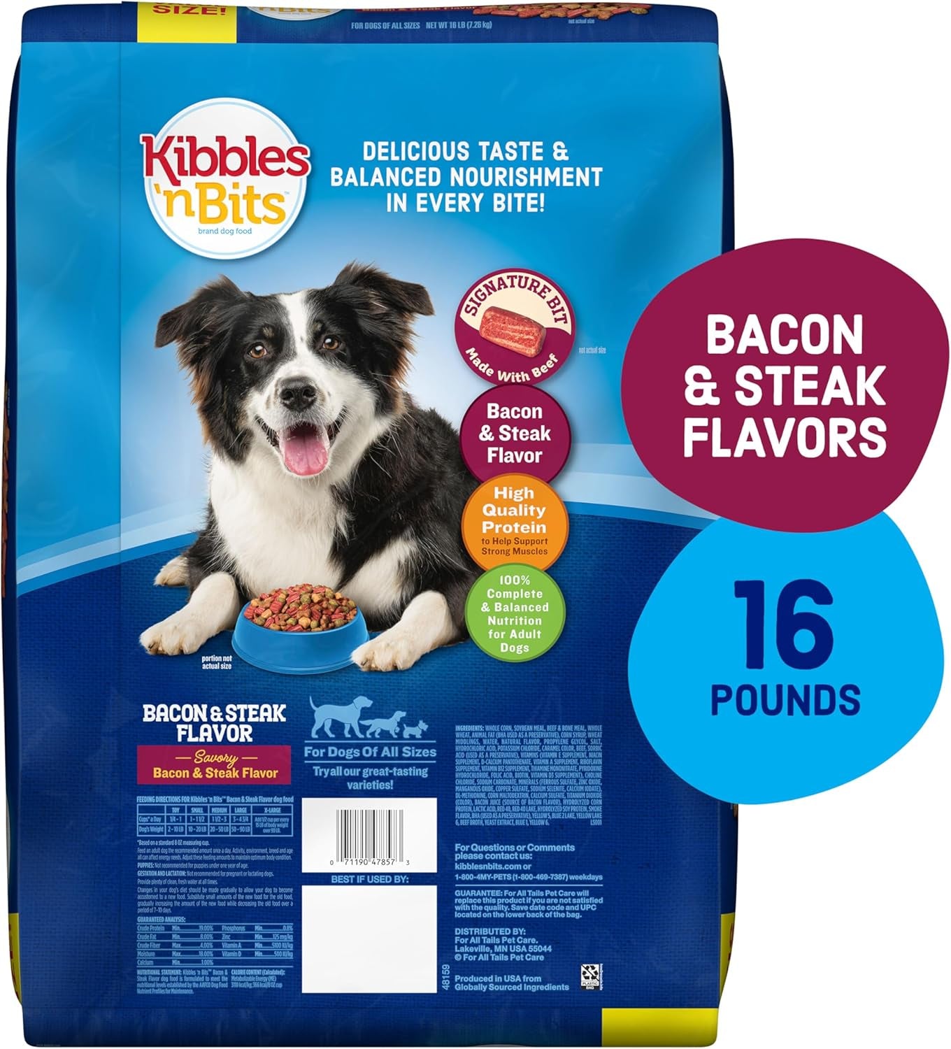 Dry Dog Food, Savory Bacon & Steak Flavor for Adult Dogs 16 Lb. Bag