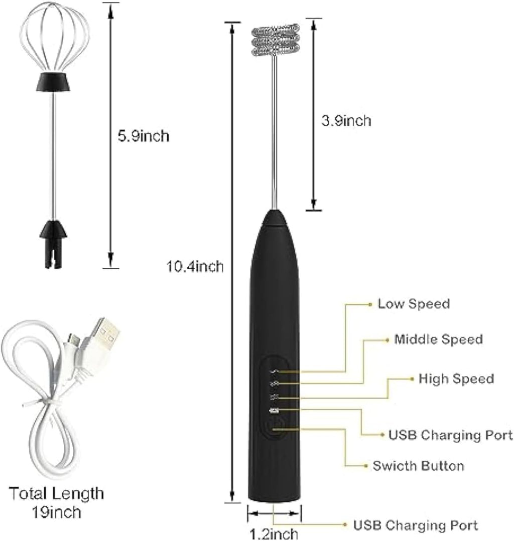 Milk Frother, Rechargeable Electric Foam Maker,Handheld Mixer with Stainless Steel Whisk, Portable Drink Mixer for Coffee Latte Cappuccino, Charging Usb-C,Black