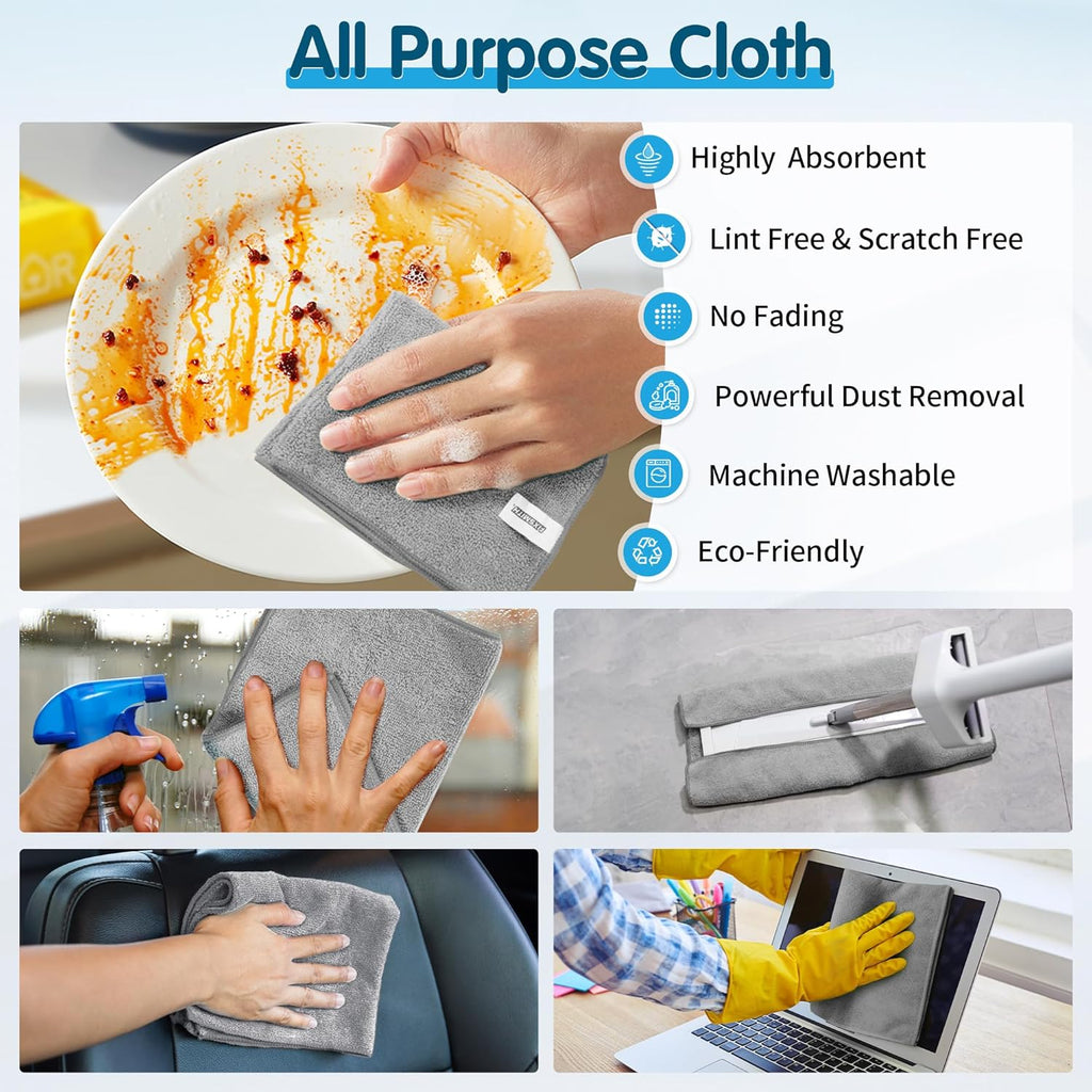 Grey Microfiber Cleaning Cloth -Pack of 8, Highly Absorbent Cleaning Rags, 16"X12" All Purpose Cleaning Towels for Housekeeping, Kitchen, Car, Lint Free and Reusable Microfiber Towels