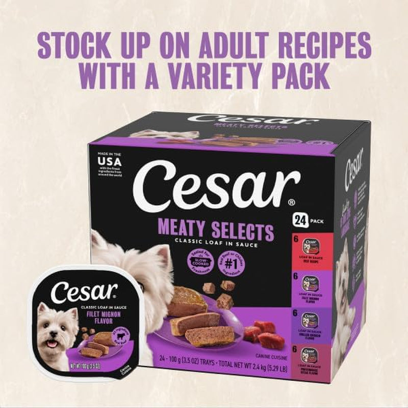 Classic Loaf in Sauce Wet Dog Food, Beef Recipe, Filet Mignon Flavor, Grilled Chicken Flavor, and Porterhouse Steak Flavor, 3.5 Oz. Easy Peel Trays, Variety Pack (24 Count, Pack of 1)