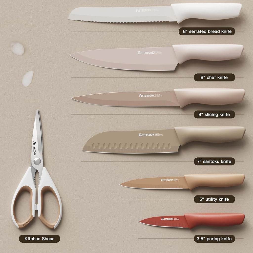 Knife Set, 13 Pieces Kitchen Knives Set with Healthy Anti-Rust Coating, Dishwasher Safe, Stainless Steel Chef Knife Sets with 6 Blade Guards, Perfect Holiday Gifts for Kitchen