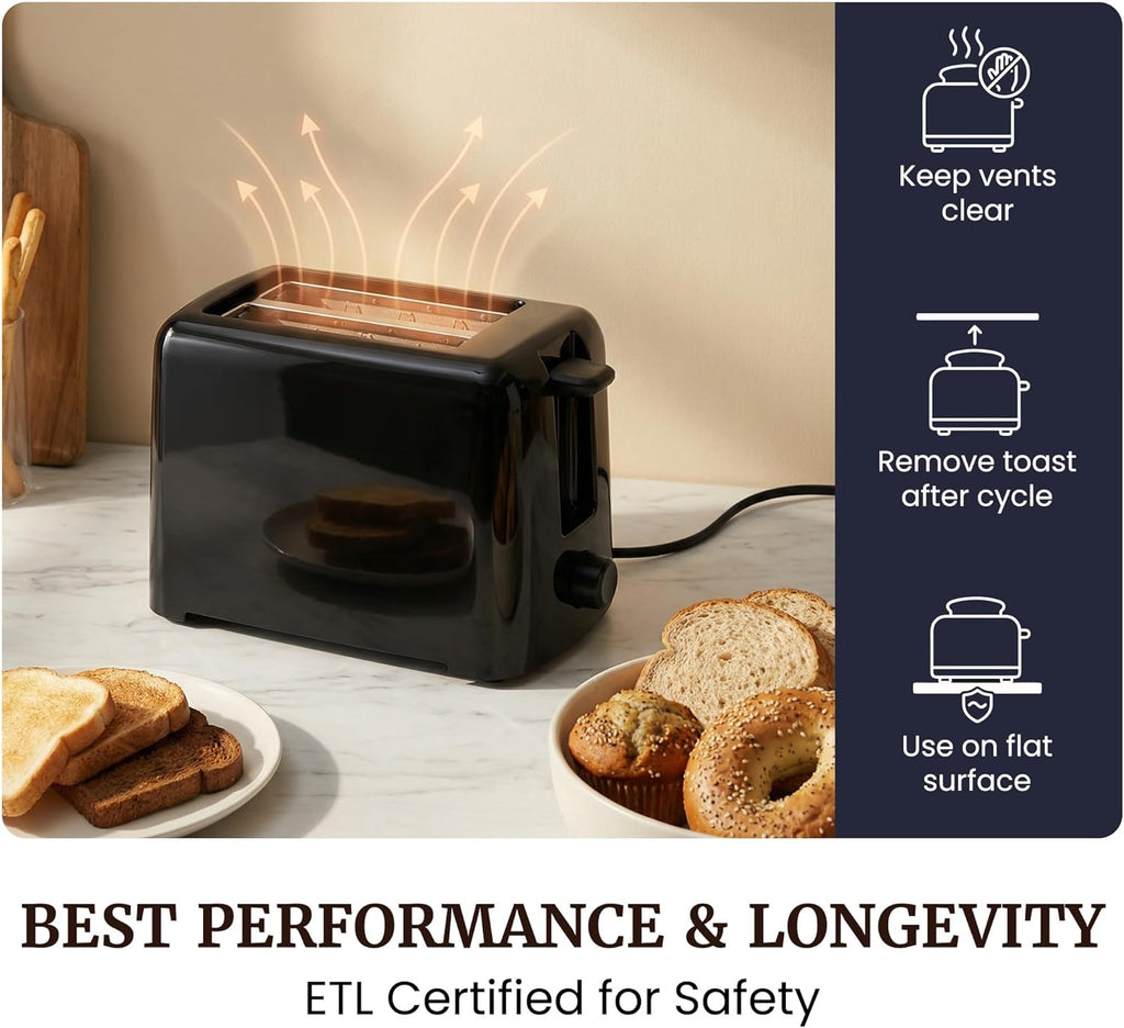 2-Slice Cool Touch Toaster – 6 Browning Levels, Extra Wide 1.25” Slots for Bagels & Thick Bread, Cancel Function, Compact, ETL Certified, Black