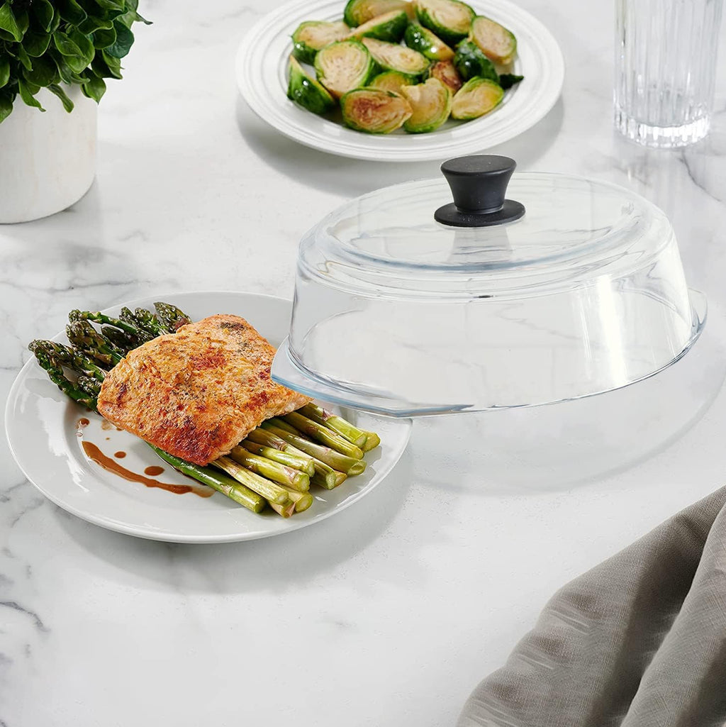 Le’Raze Tall Glass Microwave Splatter Cover for Food - Cookware & Bakeware Serving Dish Cover, Plate Guard Lid with Easy Grip Silicone Handle Knob - 100% Food Grade BPA Free & Dishwasher Safe - 10In