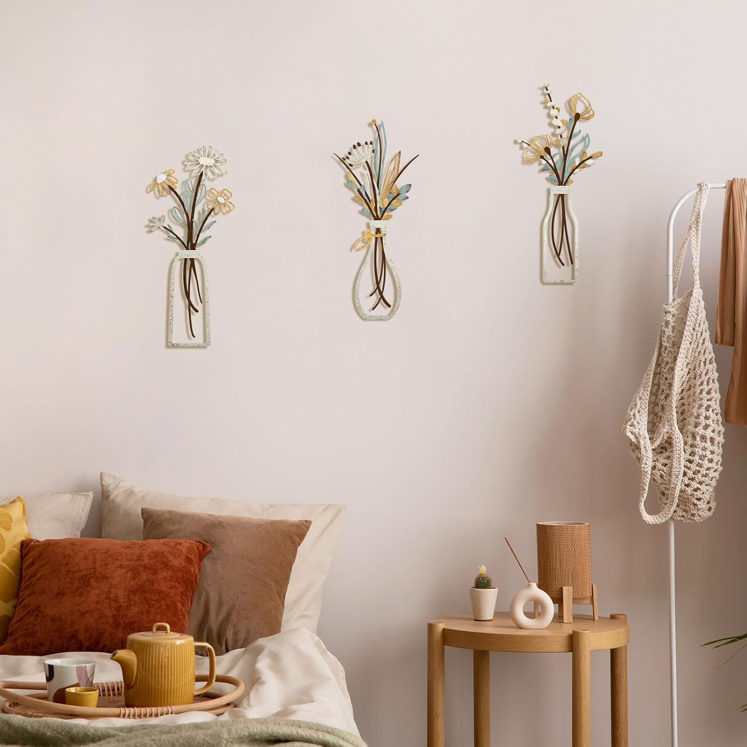 3 Pieces Metal Flowers Wall Art- Rustic Farmhouse Decor Minimalist Decor for Living Room Bathroom Bedroom Dining Room, Housewarming Gifts Christmas Decoration(Beige, Vase-C)