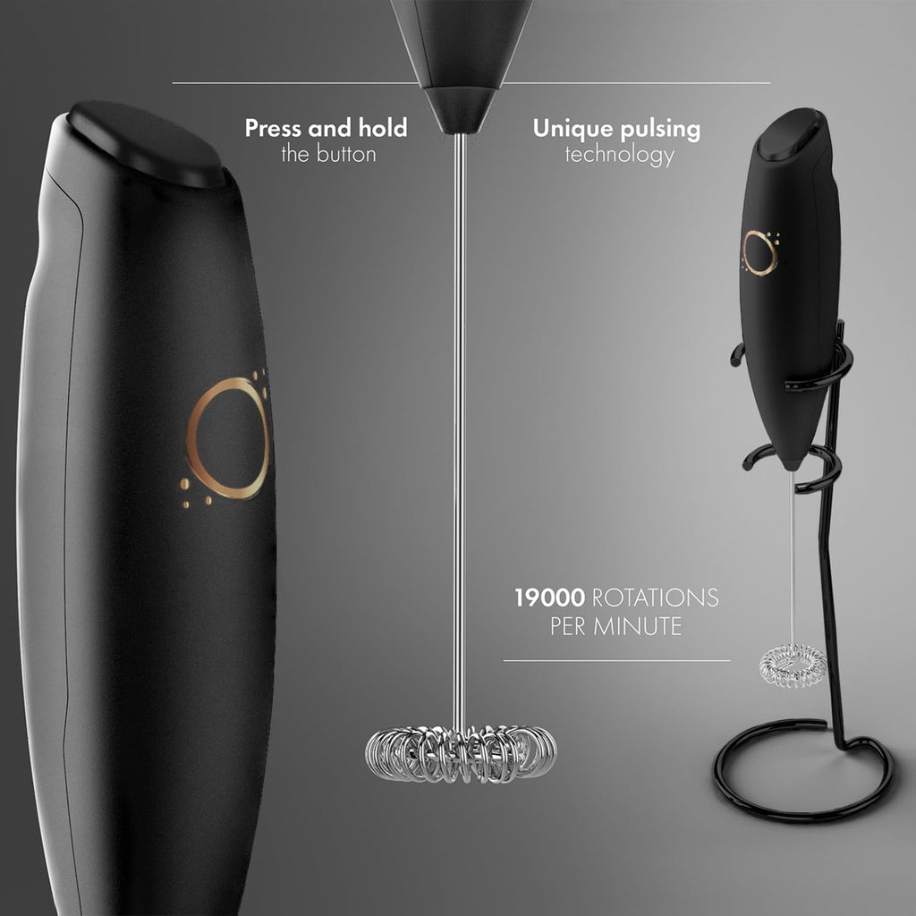 Milk Frother Matte Black - Coffee Frother Handheld with Electric Whisk - 19000 Rpm - Book Recipes and Stainless Steel Stand Included - Hand Mixer Electric (Matte Black Onyx)