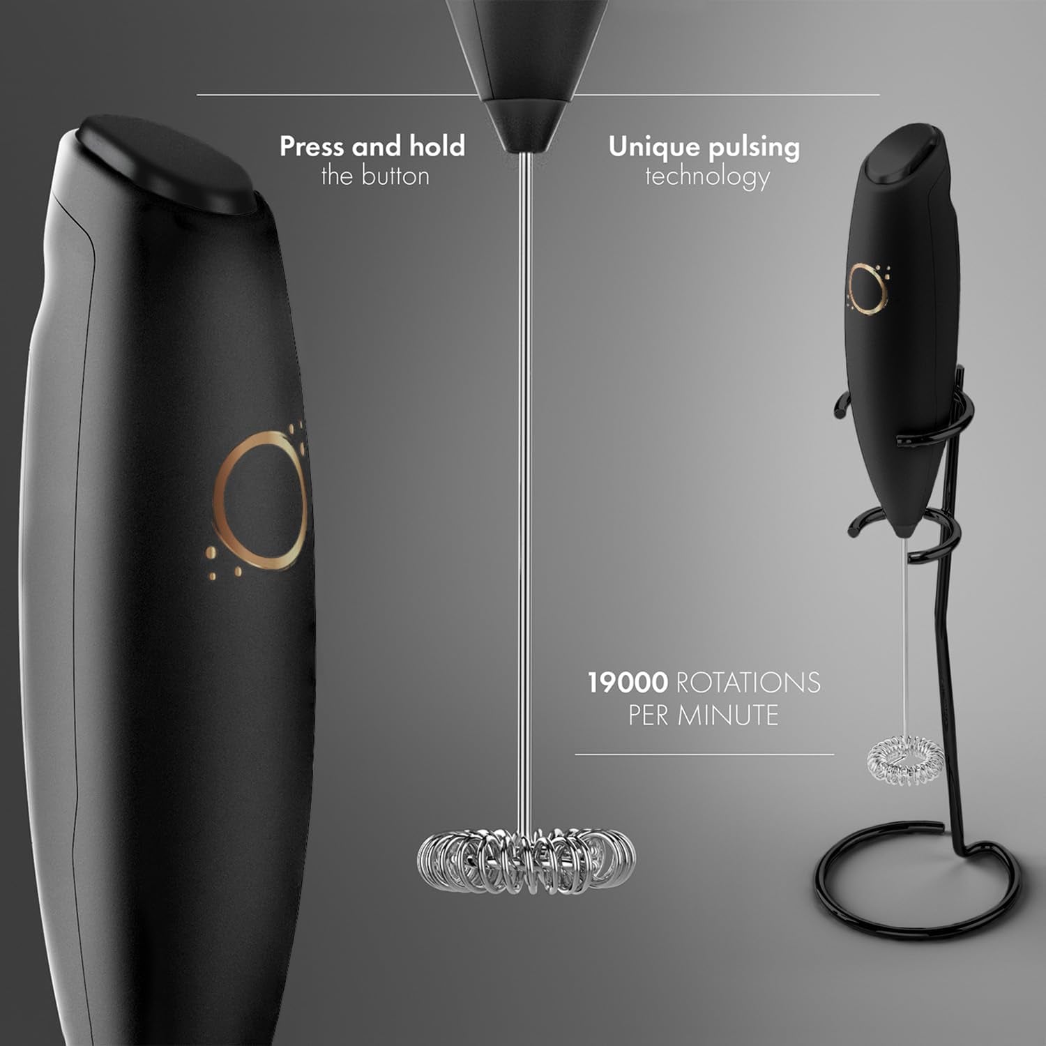 Milk Frother Matte Black - Coffee Frother Handheld with Electric Whisk - 19000 Rpm - Book Recipes and Stainless Steel Stand Included - Hand Mixer Electric (Matte Black Onyx)