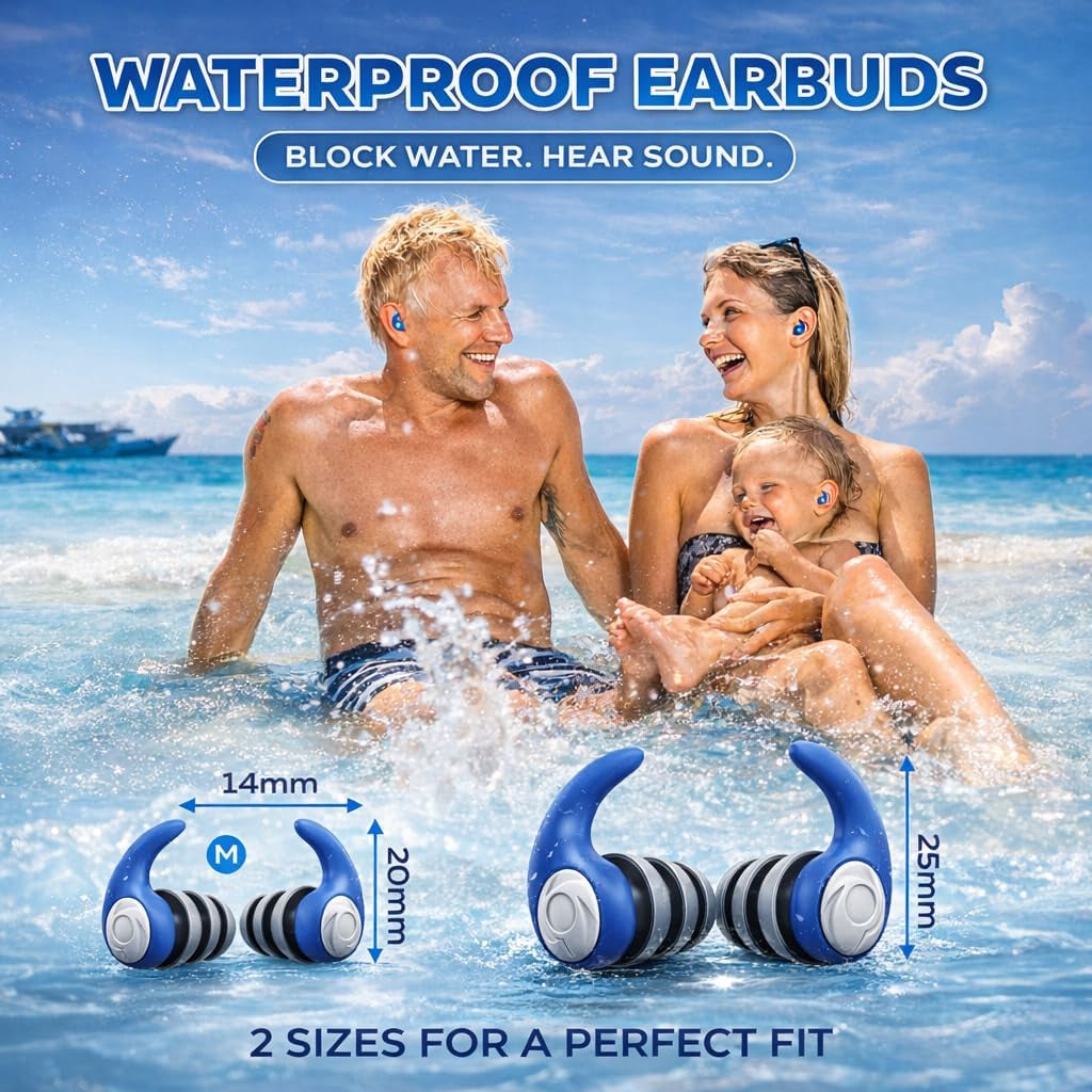 Waterproof Swimming Ear Plugs for Adults - 3 Pairs of Reusable Soft Silicone Swim Earplugs,Perfect for Surfing, Diving,Pool,Showering and Other Water Sports - Keep Water Out and Ear Protection
