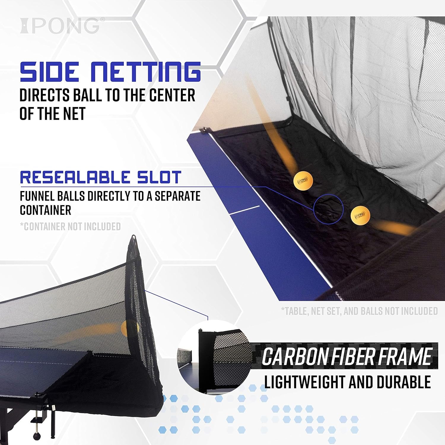 Carbon Fiber Table Tennis Ball Catch Net - Practice Net Attaches to Ping Pong Table for Ball Collection during Table Tennis Robot, Serve or Multi-Ball Training