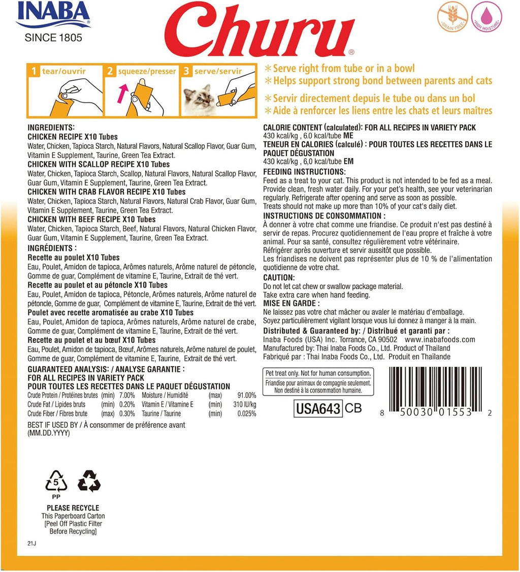 Churu Cat Treats, Lickable, Squeezable Creamy Purée Cat Treat with Green Tea Extract & Taurine, 0.5 Ounces Each Tube, 40 Tubes, Chicken Variety Box