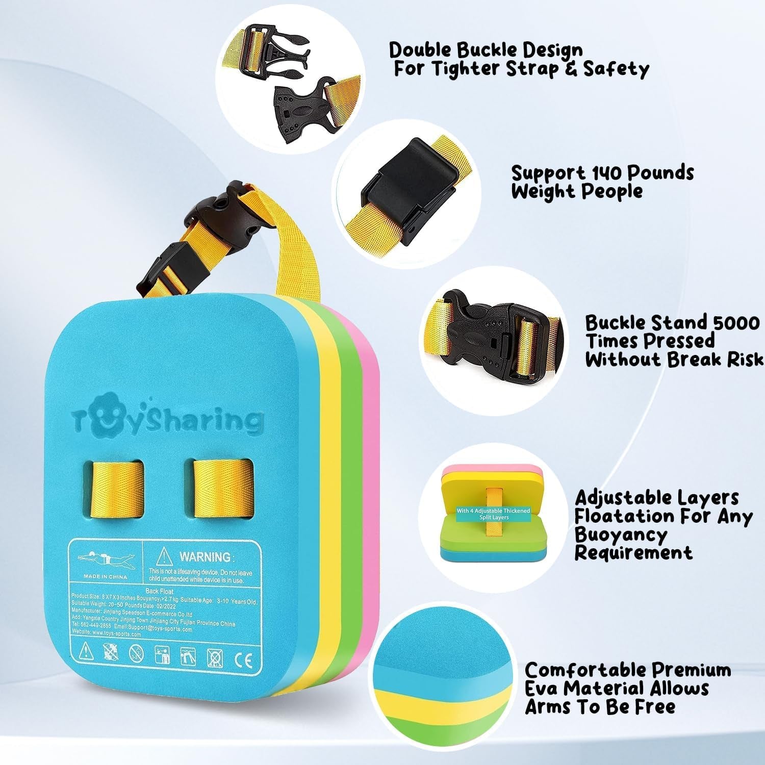 Swim Float Kids Back Belt: Pool Safe Dual-Lock Buckle 140Lbs Pull-Tested - Zero Slip-Off Risk Trainer Bubble - 4-Layer Adjustable Buoyancy for Swimmers 3-12 Yrs