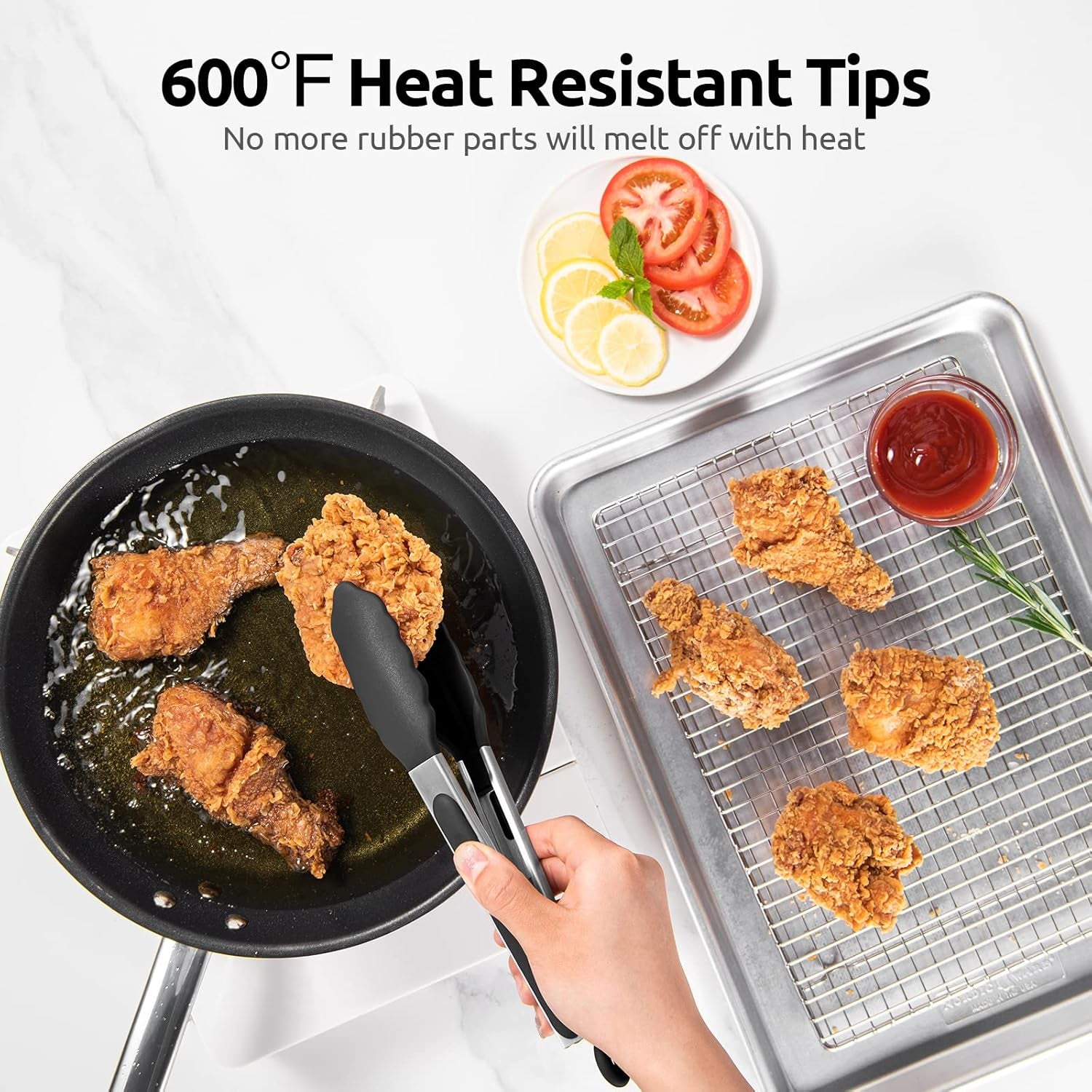 600ºf Heat Resistant Kitchen Tongs:  9 Inch Silicone Cooking Tong with Firm Sealed Non Stick Rubber Tips & Silicon Coated 18/8 Stainless Steel Handle & Smooth Locking for Serving Salad (Black)