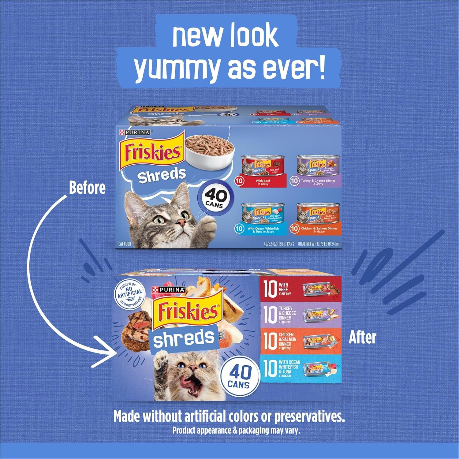 Purina  Wet Cat Food Variety Pack, Shreds with Beef, Turkey and Cheese Dinner, Chicken and Salmon Dinner, and with Ocean Whitefish and Tuna - (Pack of 40) 5.5 Oz. Cans