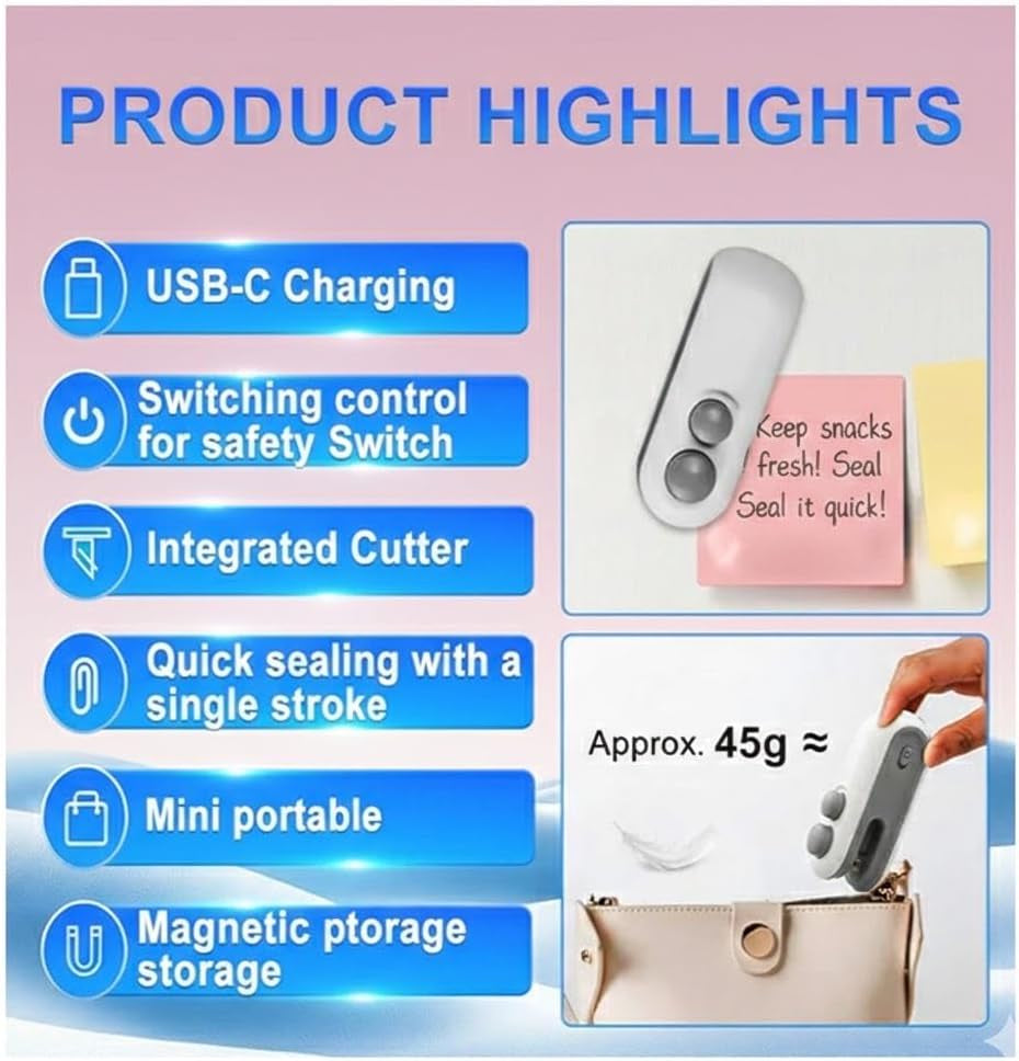 Zelivo Mini Bag Sealer with Cutter & Magnet, Rechargeable USB-C, 2-In-1 Portable Heat Sealer, White, Plastic, 5 Watts, Battery Powered