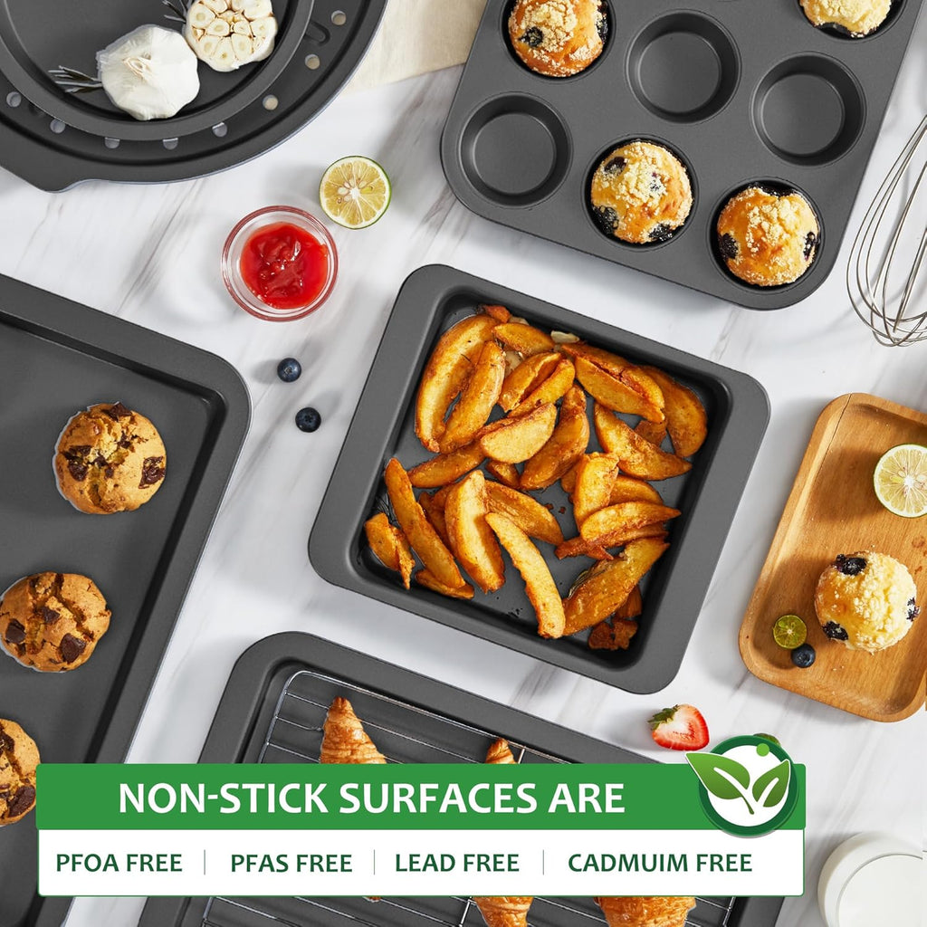 Bakeware Sets, Baking Pans Set, Nonstick Oven Pan for Kitchen with Wider Grips, 10 Pieces Including Rack, Cookie Sheet, Cake Pans, Loaf Pan, Muffin Pan, Pizza Pan - Grey