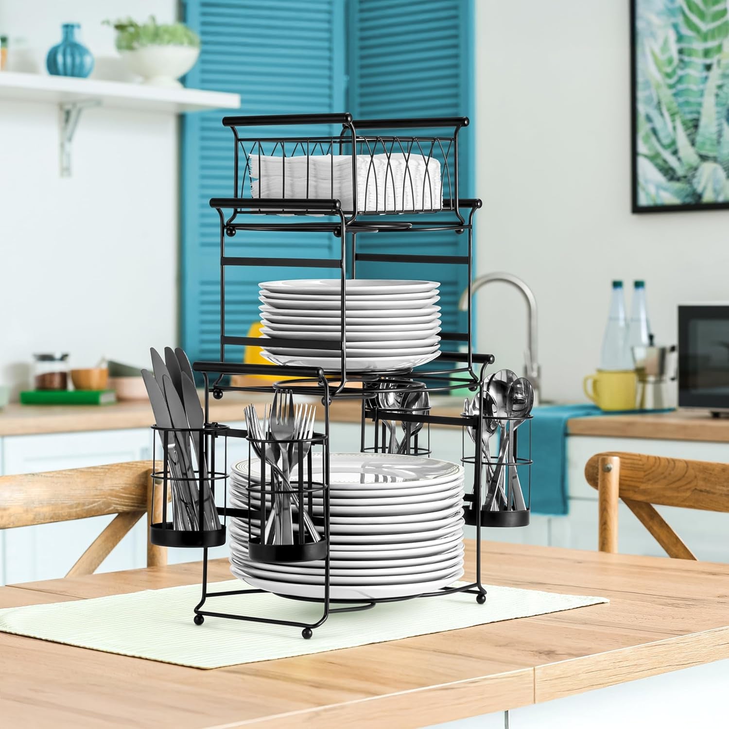 ® Buffet Caddy — 7-Piece Stackable Set Includes Plate, Napkin, and Silverware Holder, 3-Tier Detachable Tabletop Organizer — Ideal for Kitchen, Dining, Entertaining, Parties,Thanksgiving (Black)