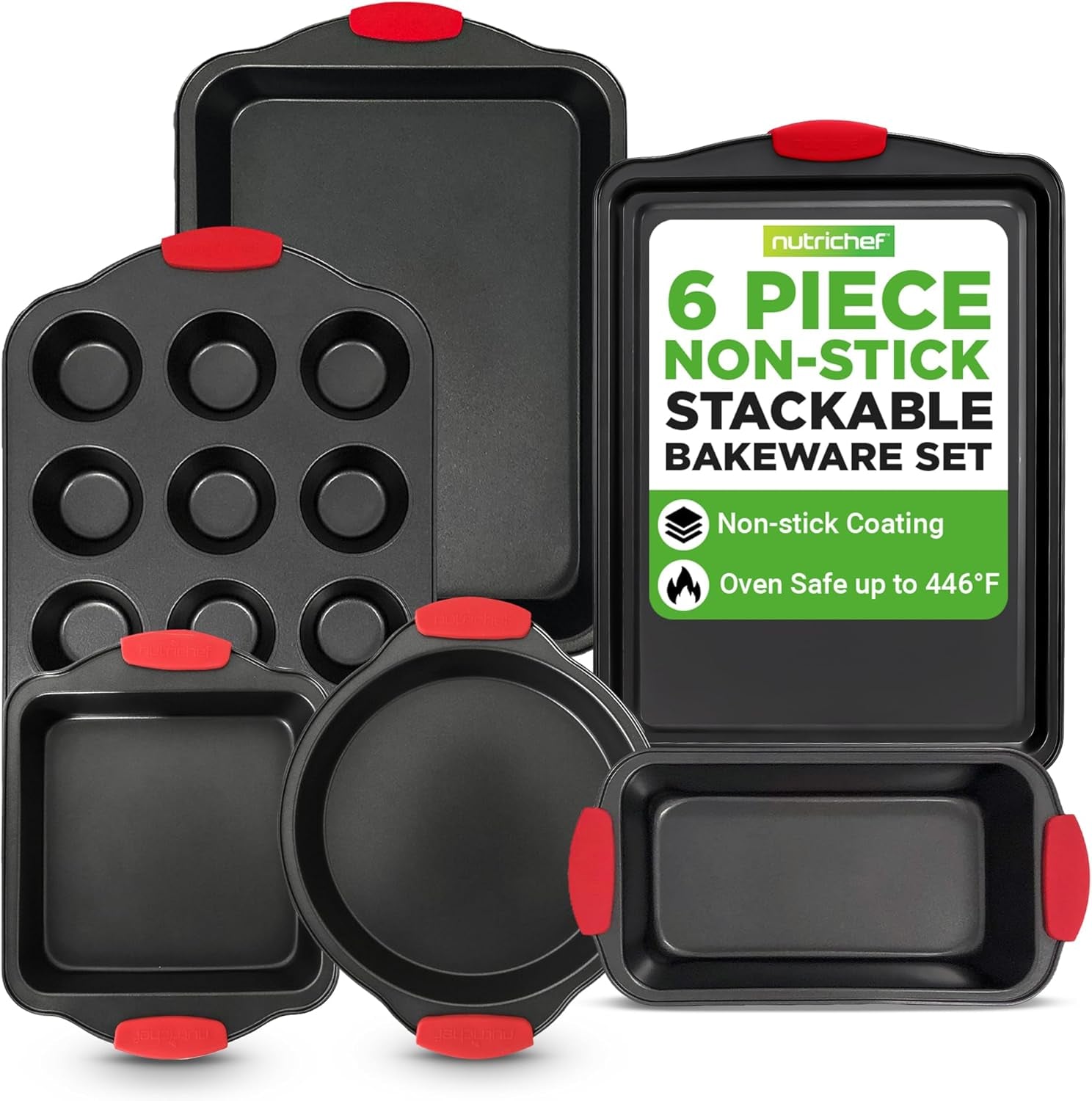 Baking Pans Set - 6 Piece Bakeware with Nonstick Carbon Steel for Easy Release and Cleanup, Durable and Versatile Design, Includes Cookie Sheet, Loaf Pan, Muffin Tin & More