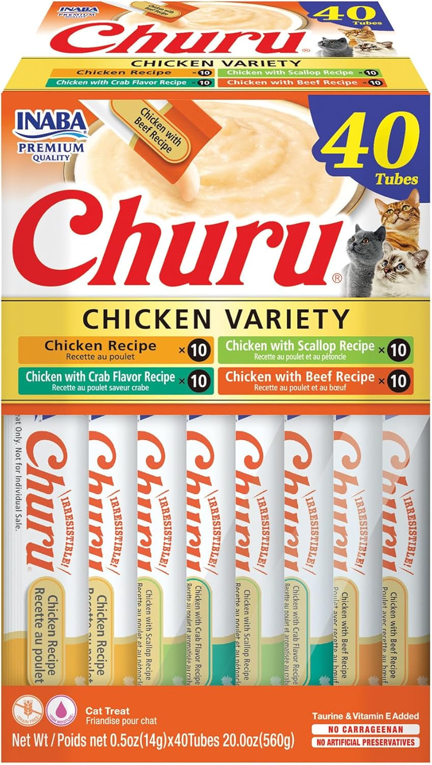 Churu Cat Treats, Lickable, Squeezable Creamy Purée Cat Treat with Green Tea Extract & Taurine, 0.5 Ounces Each Tube, 40 Tubes, Chicken Variety Box