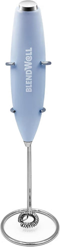 Electric Milk Frother for Matcha and Coffee, Handheld Battery Operated Drink Mixer with Stand, Stainless Steel Whisk, Light Blue