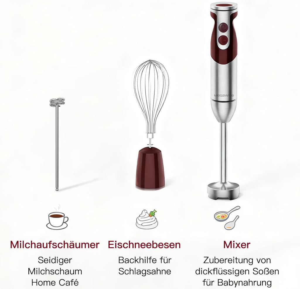 Pro Titanium Reinforced 3-In-1 Immersion Corded Hand Blender, Powerful MOTOR with 80% Sharper Blades, 12-Speed Corded Blender, Includingwhisk and Milk Frother (3-In 1 Red)