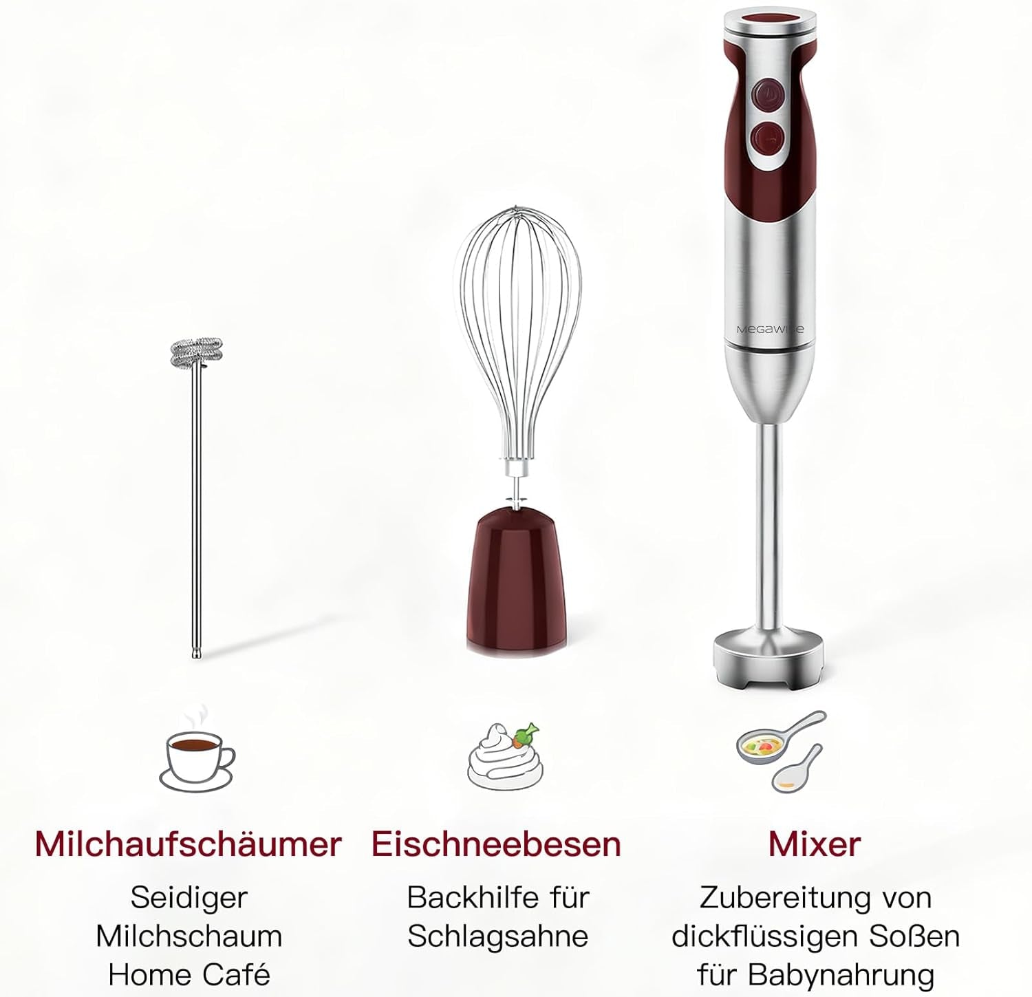 Pro Titanium Reinforced 3-In-1 Immersion Corded Hand Blender, Powerful MOTOR with 80% Sharper Blades, 12-Speed Corded Blender, Includingwhisk and Milk Frother (3-In 1 Red)