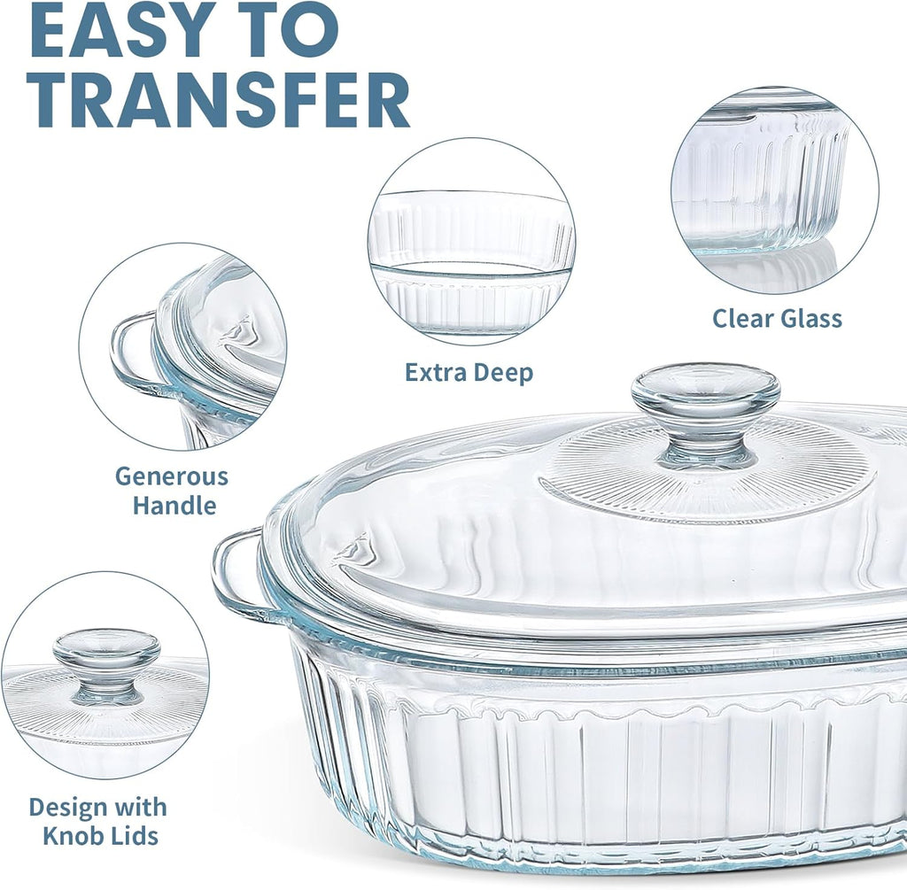 4-Piece Glass Casserole Baking Dish, Set of 2 Casseroles with Glass Lids, 1.9 Qt and 3 Qt