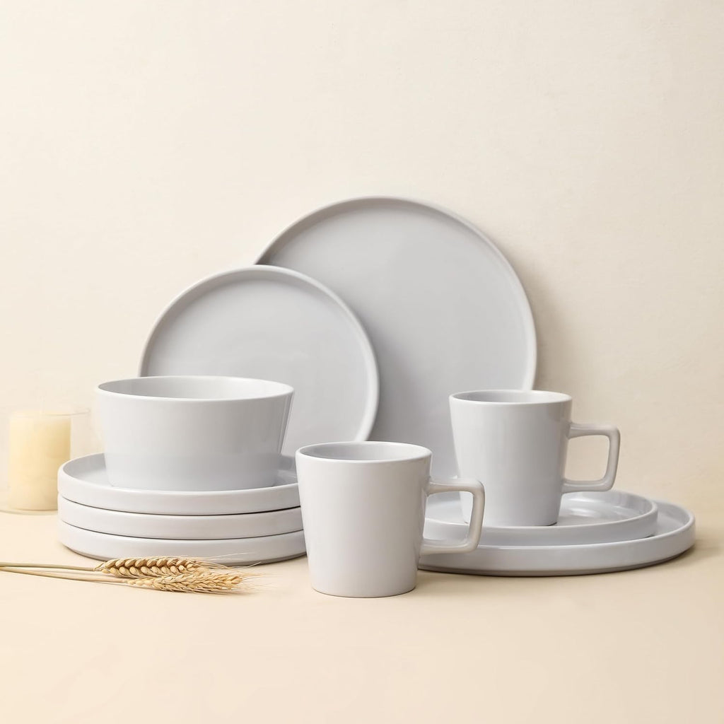 Celina Modern Stoneware 16-Piece Dinnerware Set, Plates and Bowls Set, White Glossy, Dish Set Service for 4